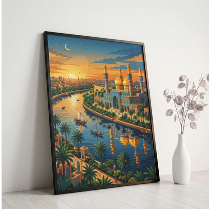Baghdad Tigris River Sunset Travel Poster - Iraq Art Print