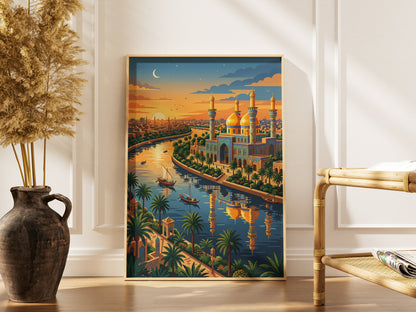 Baghdad Tigris River Sunset Travel Poster - Iraq Art Print