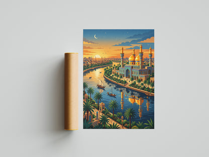 Baghdad Tigris River Sunset Travel Poster - Iraq Art Print