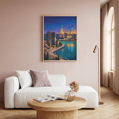 Baku Flame Towers Travel Poster - Azerbaijan Skyline Print