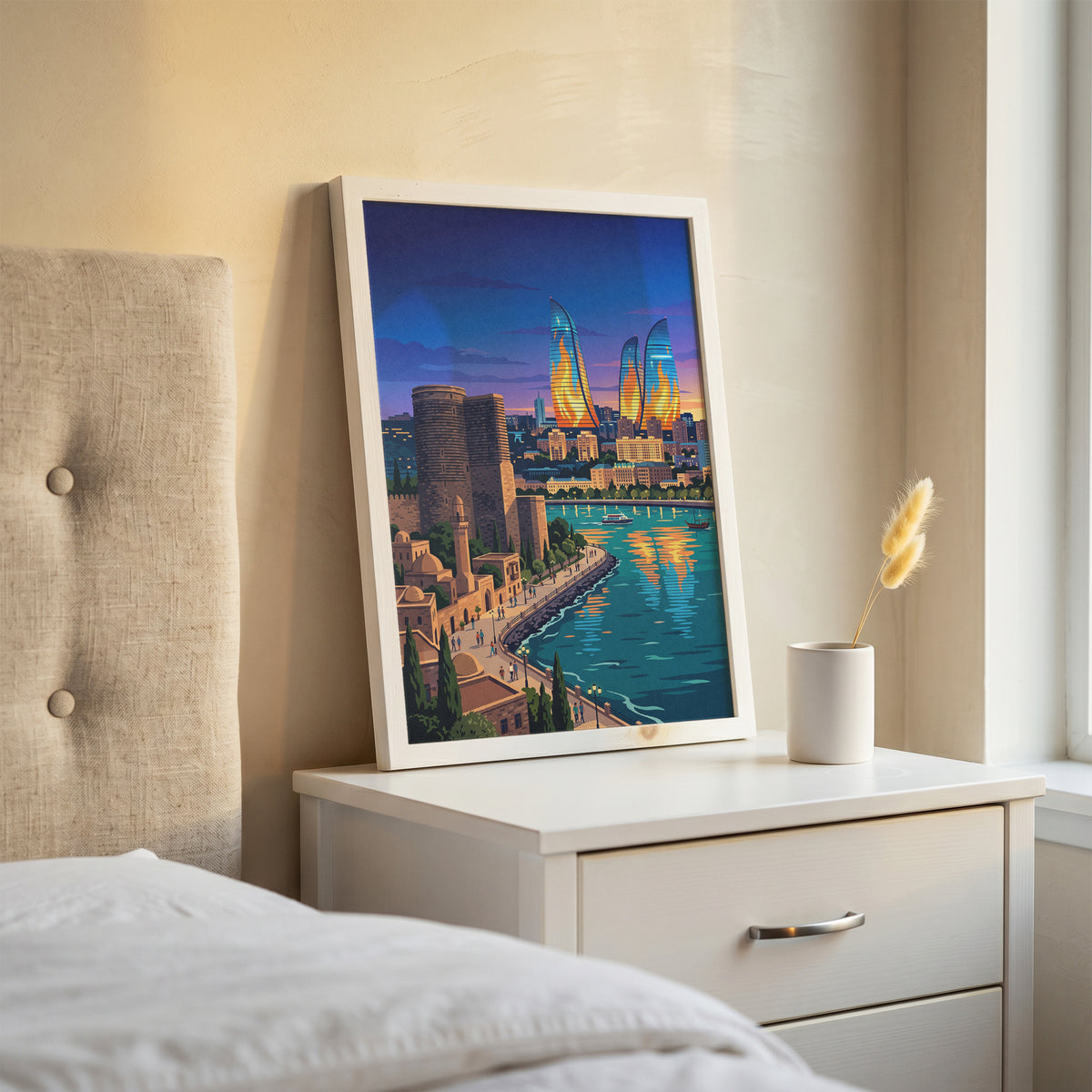 Baku Flame Towers Travel Poster - Azerbaijan Skyline Print