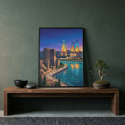 Baku Flame Towers Travel Poster - Azerbaijan Skyline Print
