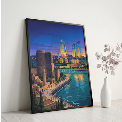 Baku Flame Towers Travel Poster - Azerbaijan Skyline Print