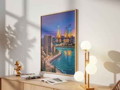 Baku Flame Towers Travel Poster - Azerbaijan Skyline Print