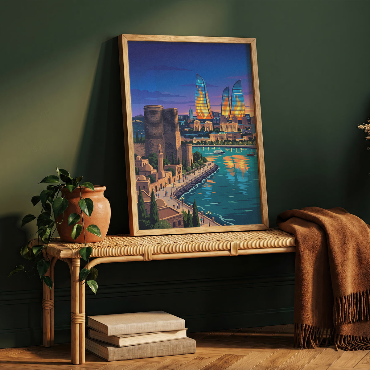 Baku Flame Towers Travel Poster - Azerbaijan Skyline Print