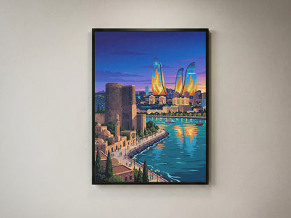 Baku Flame Towers Travel Poster - Azerbaijan Skyline Print