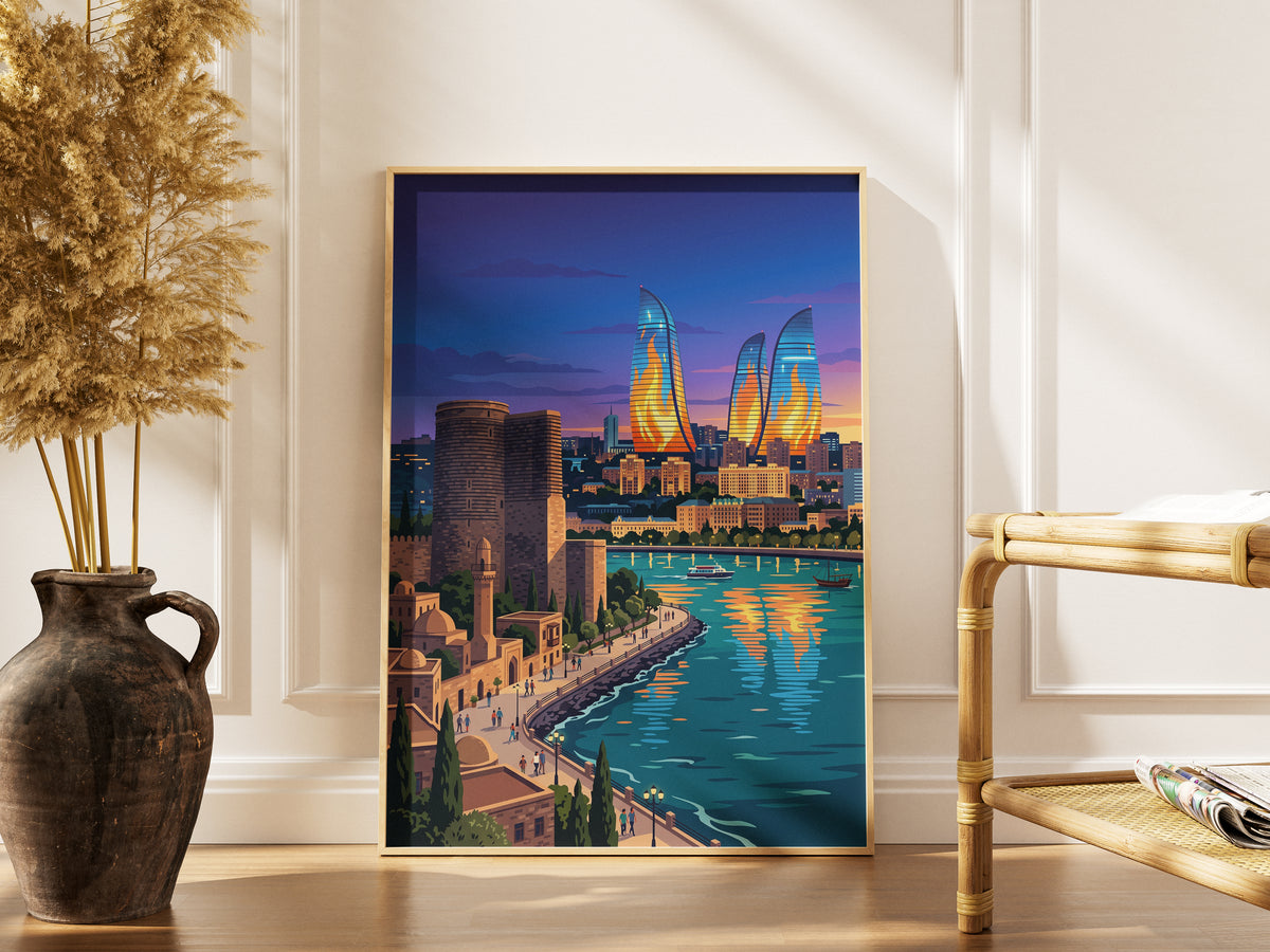 Baku Flame Towers Travel Poster - Azerbaijan Skyline Print