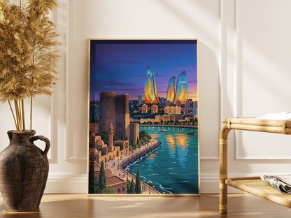 Baku Flame Towers Travel Poster - Azerbaijan Skyline Print