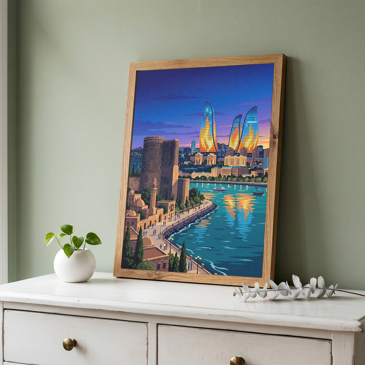 Baku Flame Towers Travel Poster - Azerbaijan Skyline Print