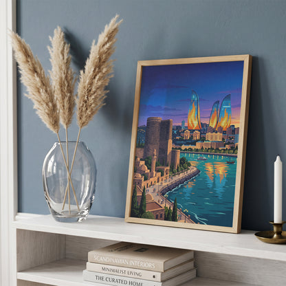 Baku Flame Towers Travel Poster - Azerbaijan Skyline Print