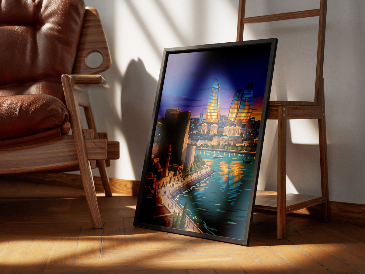 Baku Flame Towers Travel Poster - Azerbaijan Skyline Print