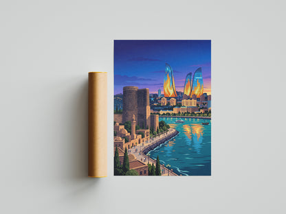 Baku Flame Towers Travel Poster - Azerbaijan Skyline Print