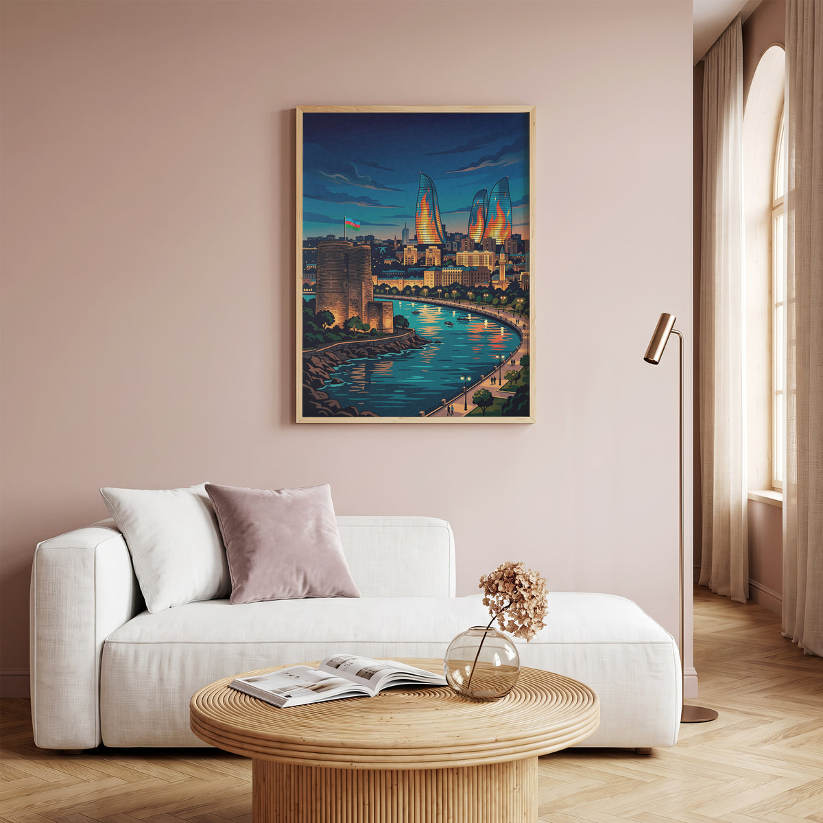 Baku Maiden Tower Night Travel Poster - Azerbaijan Wall Art