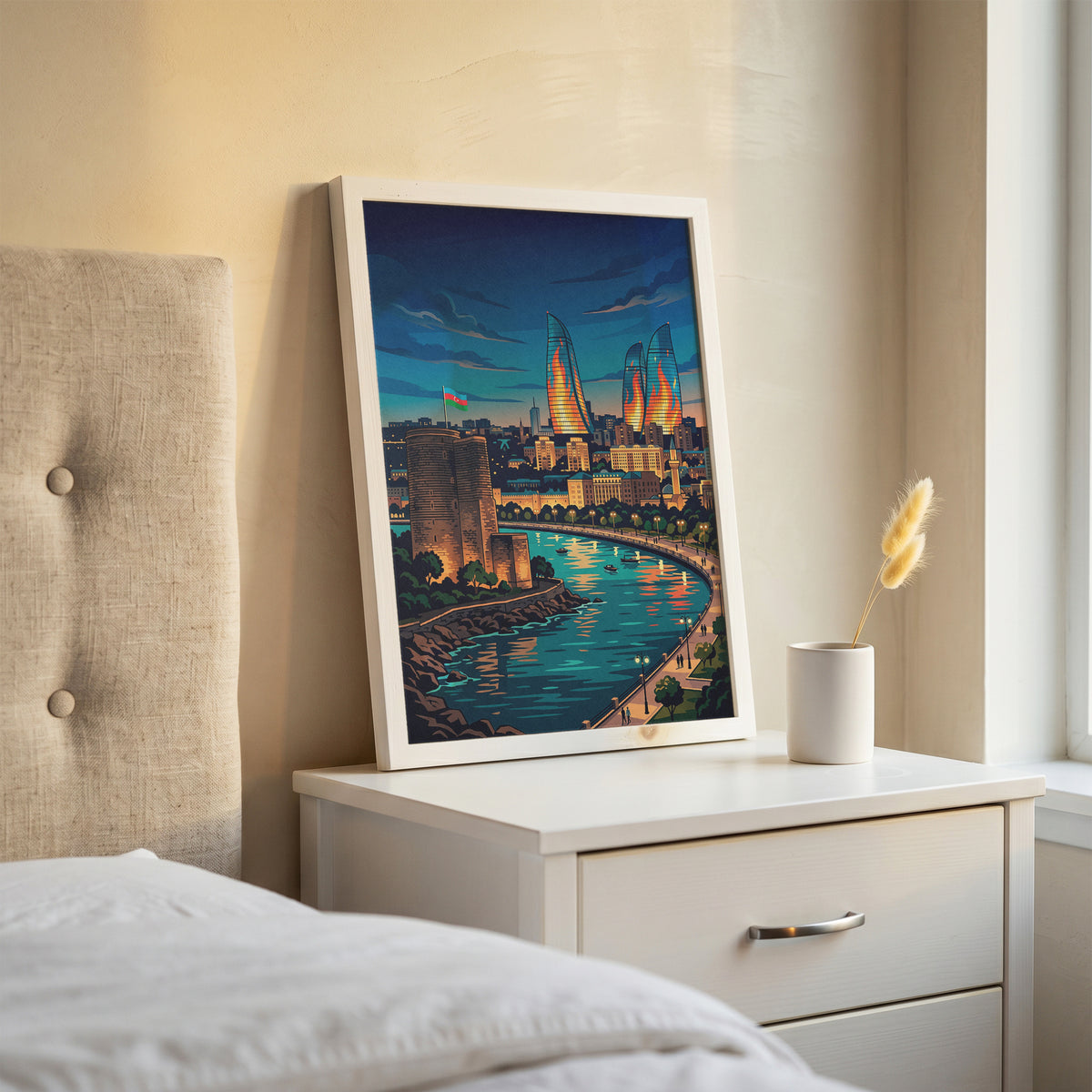 Baku Maiden Tower Night Travel Poster - Azerbaijan Wall Art