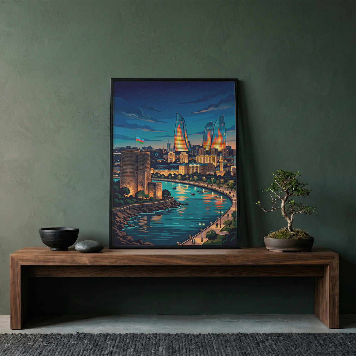 Baku Maiden Tower Night Travel Poster - Azerbaijan Wall Art