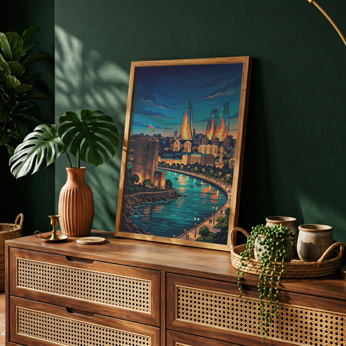Baku Maiden Tower Night Travel Poster - Azerbaijan Wall Art
