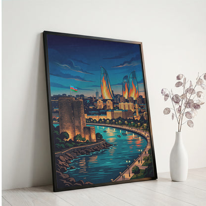 Baku Maiden Tower Night Travel Poster - Azerbaijan Wall Art