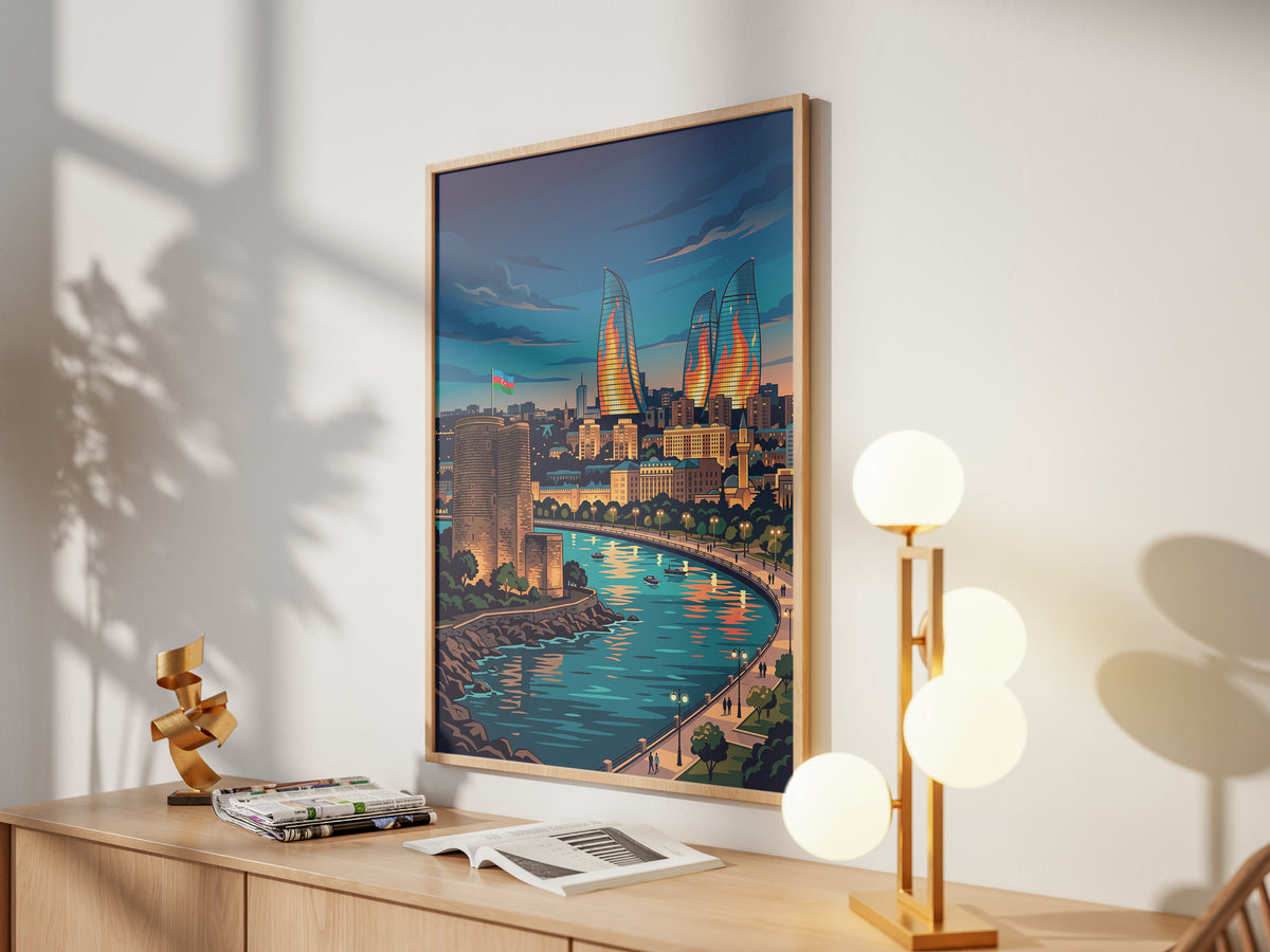 Baku Maiden Tower Night Travel Poster - Azerbaijan Wall Art