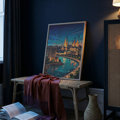 Baku Maiden Tower Night Travel Poster - Azerbaijan Wall Art