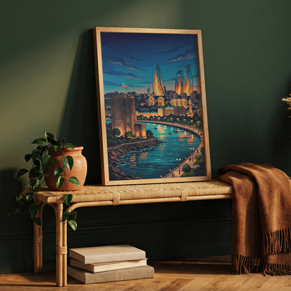 Baku Maiden Tower Night Travel Poster - Azerbaijan Wall Art