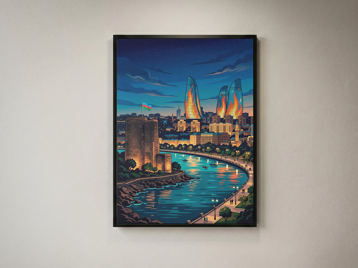 Baku Maiden Tower Night Travel Poster - Azerbaijan Wall Art
