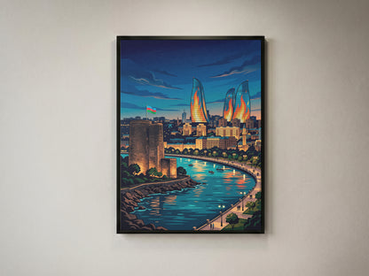 Baku Maiden Tower Night Travel Poster - Azerbaijan Wall Art
