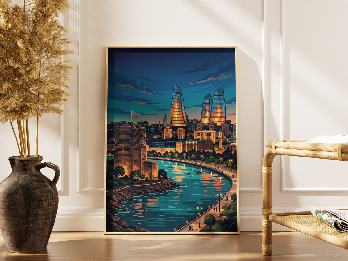Baku Maiden Tower Night Travel Poster - Azerbaijan Wall Art
