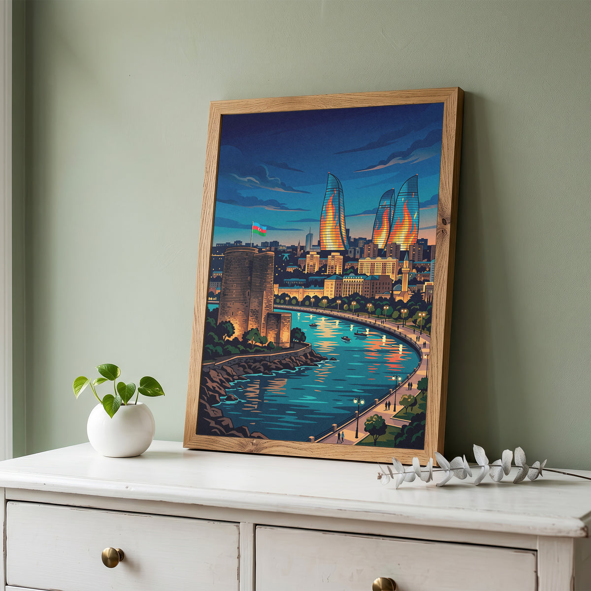 Baku Maiden Tower Night Travel Poster - Azerbaijan Wall Art