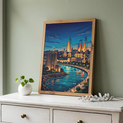 Baku Maiden Tower Night Travel Poster - Azerbaijan Wall Art