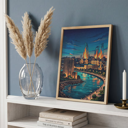 Baku Maiden Tower Night Travel Poster - Azerbaijan Wall Art