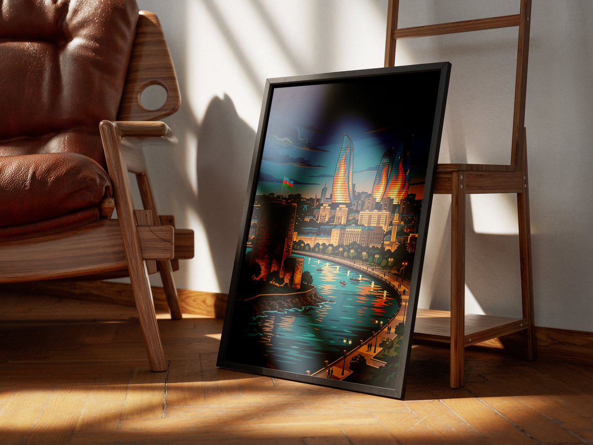 Baku Maiden Tower Night Travel Poster - Azerbaijan Wall Art
