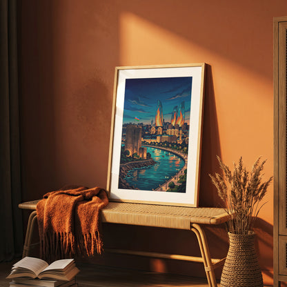 Baku Maiden Tower Night Travel Poster - Azerbaijan Wall Art