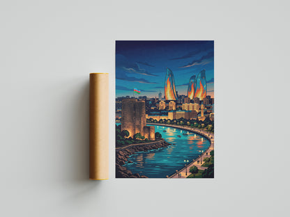 Baku Maiden Tower Night Travel Poster - Azerbaijan Wall Art