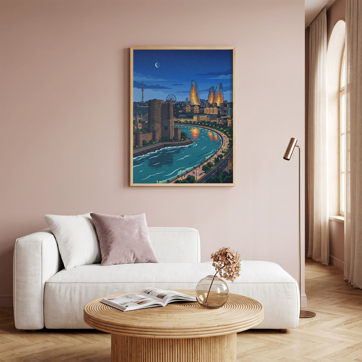 Baku Caspian Waterfront Travel Poster - Night Skyline Print