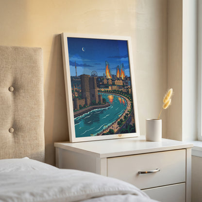 Baku Caspian Waterfront Travel Poster - Night Skyline Print