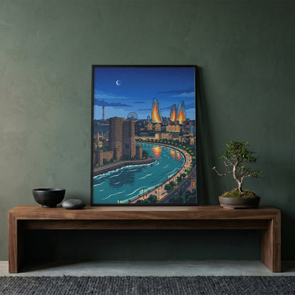 Baku Caspian Waterfront Travel Poster - Night Skyline Print