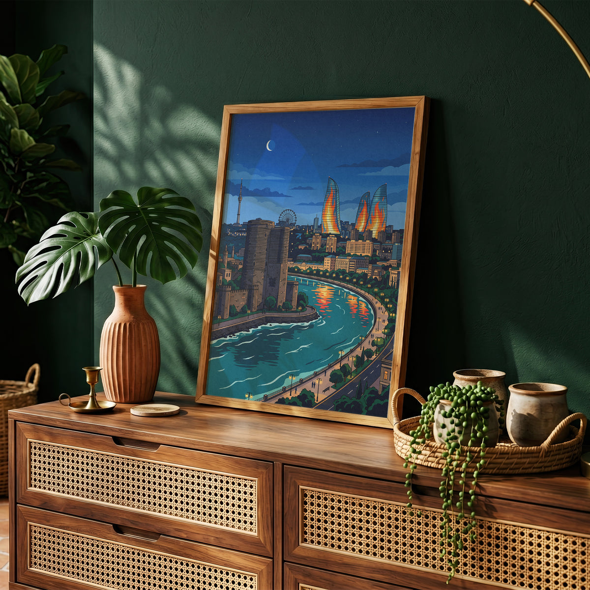 Baku Caspian Waterfront Travel Poster - Night Skyline Print