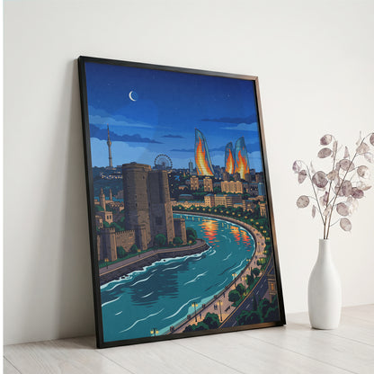 Baku Caspian Waterfront Travel Poster - Night Skyline Print