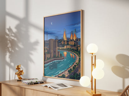 Baku Caspian Waterfront Travel Poster - Night Skyline Print
