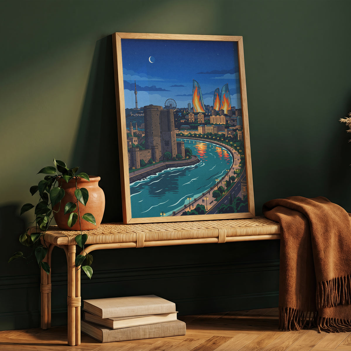 Baku Caspian Waterfront Travel Poster - Night Skyline Print