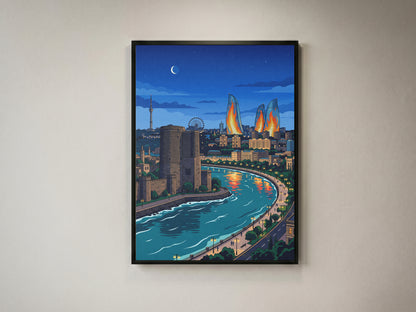 Baku Caspian Waterfront Travel Poster - Night Skyline Print