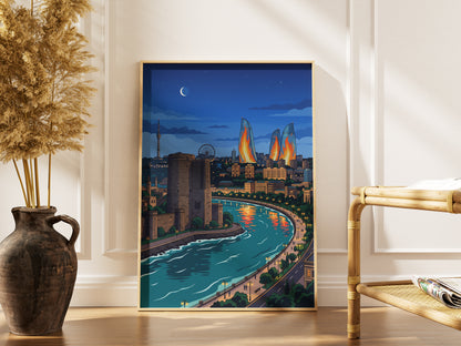 Baku Caspian Waterfront Travel Poster - Night Skyline Print