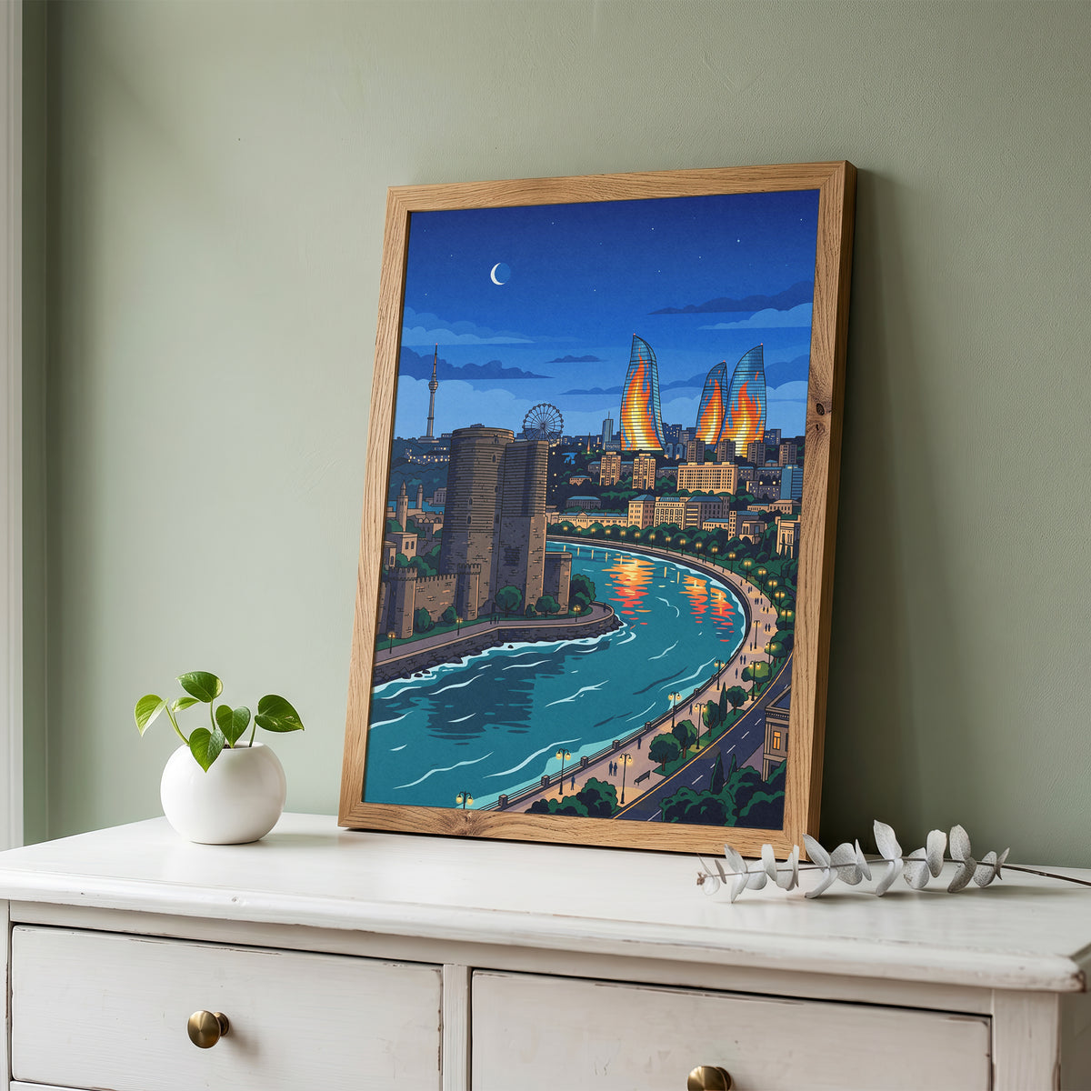 Baku Caspian Waterfront Travel Poster - Night Skyline Print