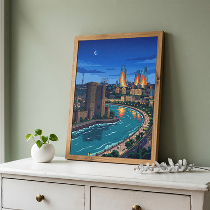 Baku Caspian Waterfront Travel Poster - Night Skyline Print
