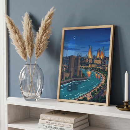 Baku Caspian Waterfront Travel Poster - Night Skyline Print
