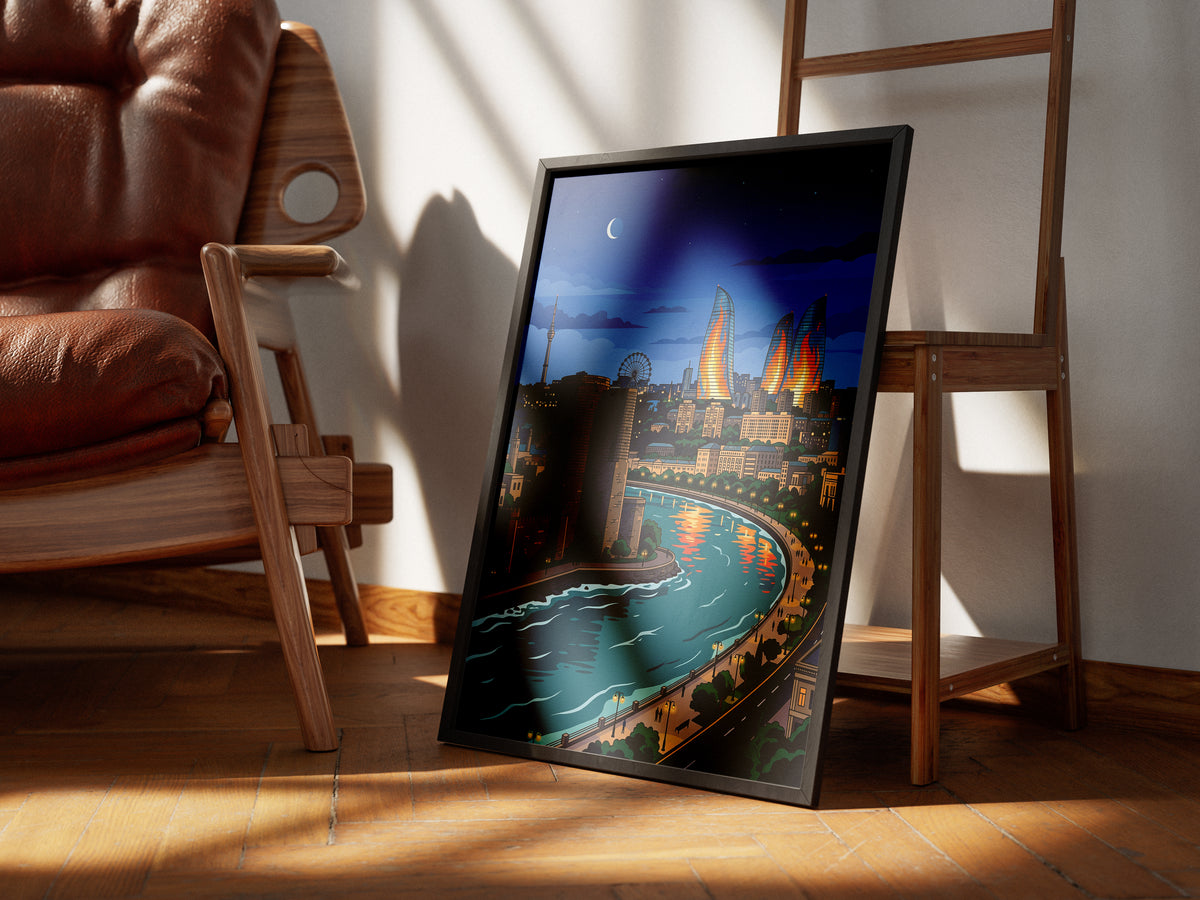 Baku Caspian Waterfront Travel Poster - Night Skyline Print