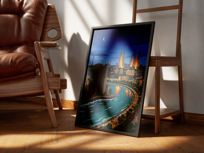 Baku Caspian Waterfront Travel Poster - Night Skyline Print