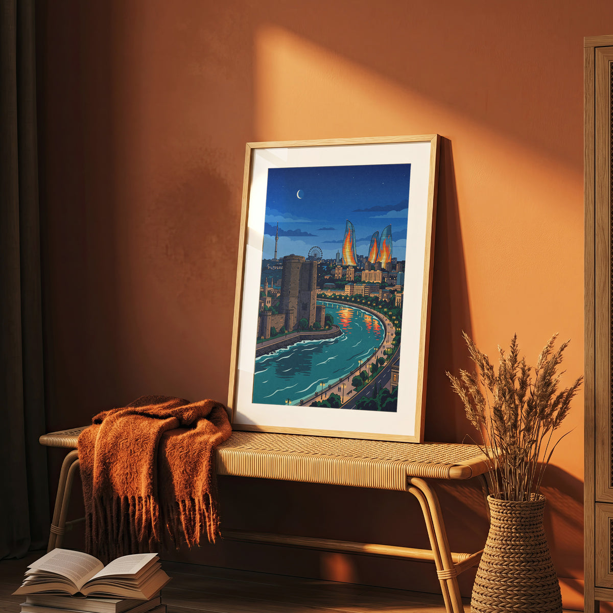 Baku Caspian Waterfront Travel Poster - Night Skyline Print