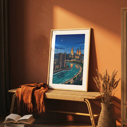 Baku Caspian Waterfront Travel Poster - Night Skyline Print