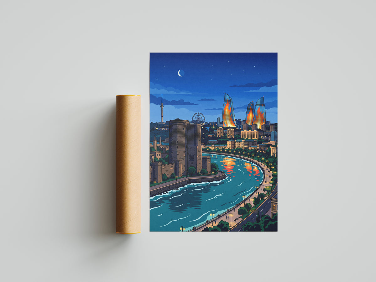 Baku Caspian Waterfront Travel Poster - Night Skyline Print